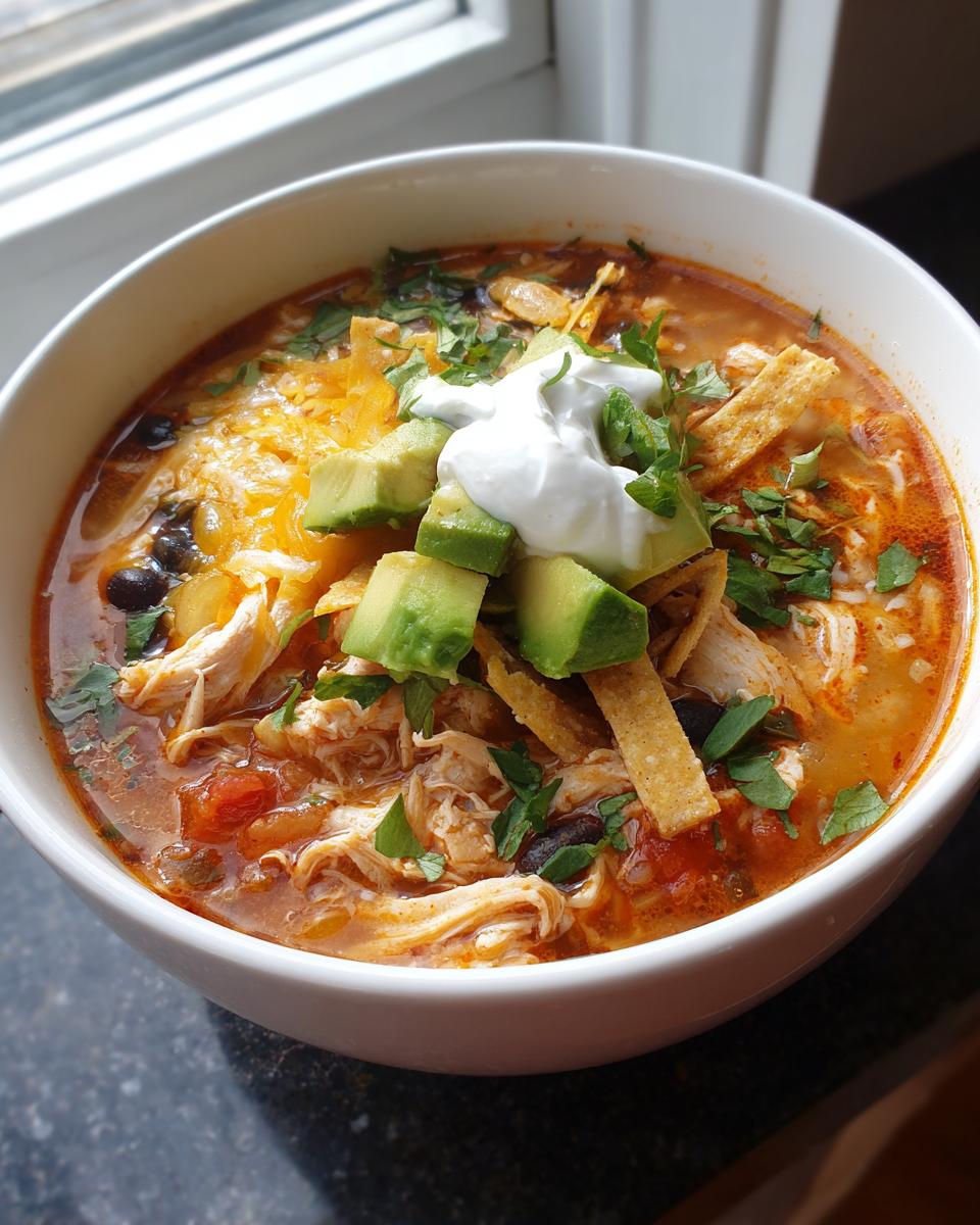 Close-up of a white bowl filled with rich, red broth tortilla soup, topped with shredded chicken, avocado, cheese, and sour cream.