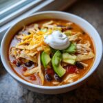 A close-up of a hearty bowl of tortilla soup recipe, topped with avocado, sour cream, cheese, and tortilla strips.