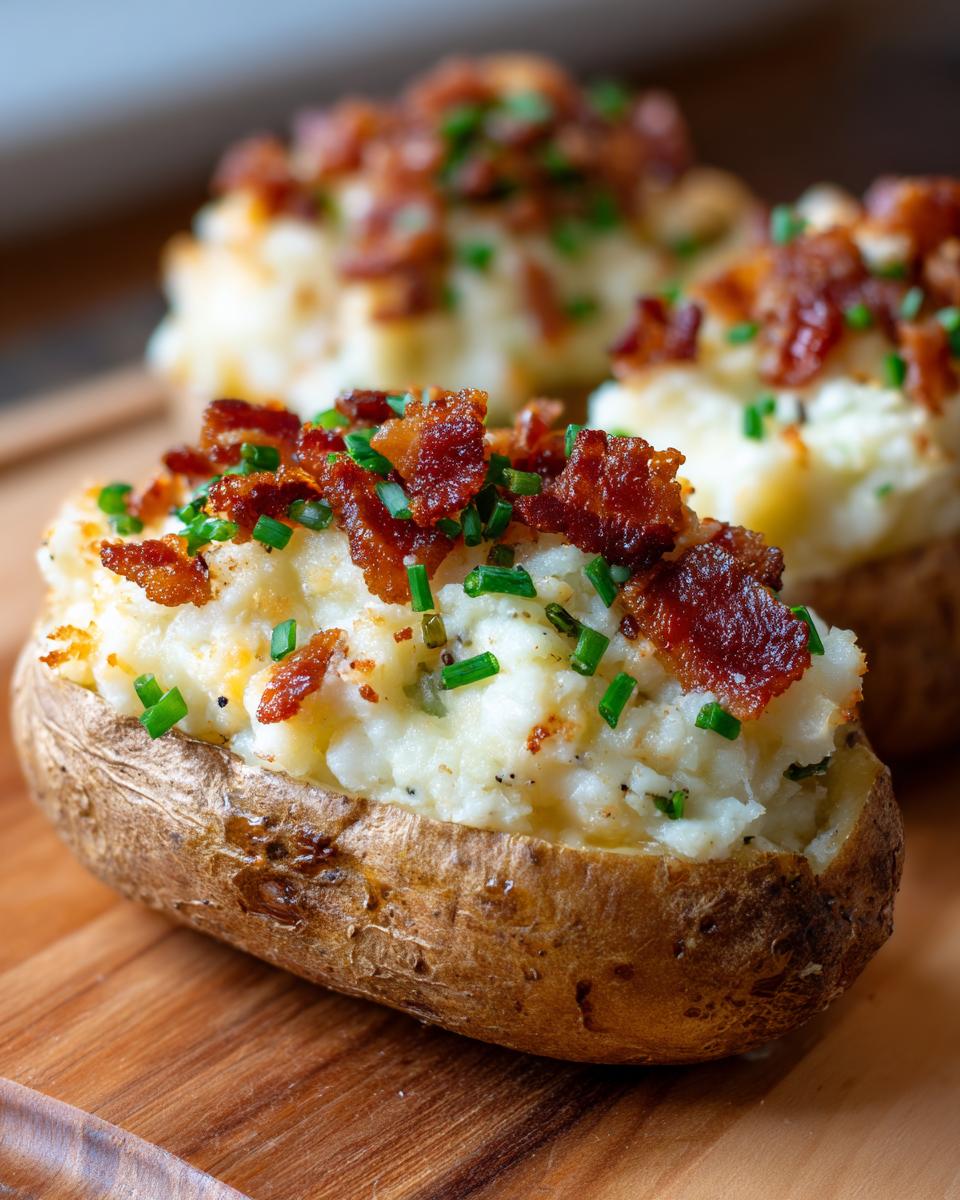 Close-up of a perfectly prepared twice baked potato stuffed with creamy filling, topped with crispy bacon bits and fresh green chives.