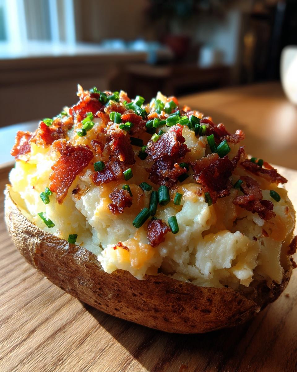 Close-up of a delicious twice baked potato stuffed with mashed potato, topped with crispy bacon bits and fresh green chives.