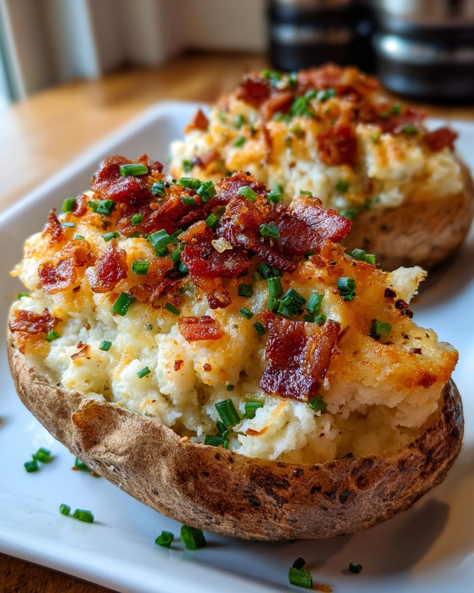 A close-up of a perfectly stuffed twice baked potato topped with crispy bacon bits and fresh chives.