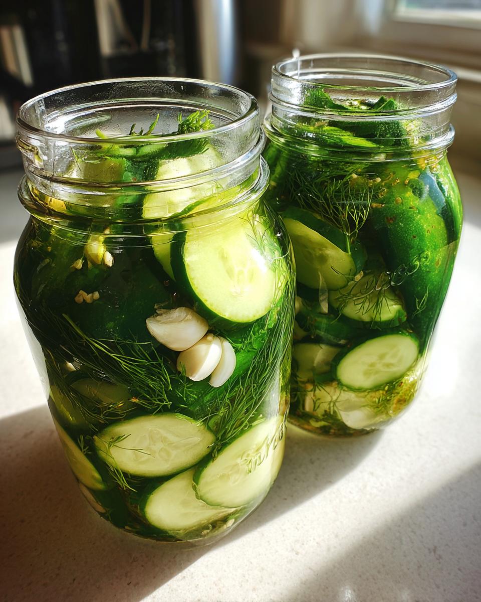 Two glass jars filled with sliced cucumbers, fresh dill, and garlic cloves for making refrigerator pickles.