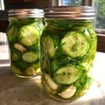 Two glass jars filled with sliced cucumbers, fresh dill, garlic cloves, and spices for homemade refrigerator pickles.