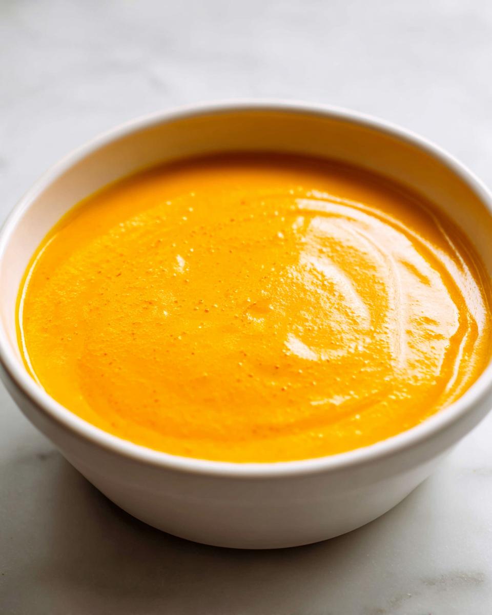 Close-up of a bowl filled with smooth, bright orange cheese soup, resting on a white marble surface.
