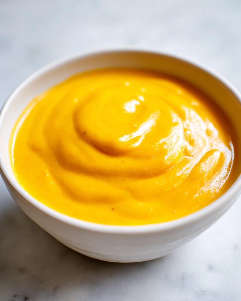Close-up of a thick, vibrant orange cheese soup with a smooth, swirled texture served in a white bowl.