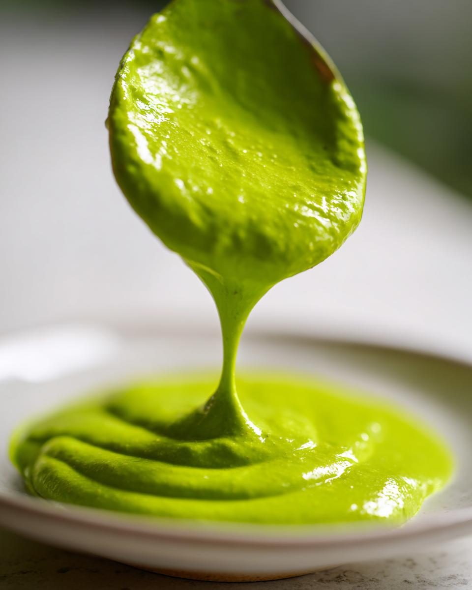 Close-up of thick, bright green avocado sauce being drizzled from a spoon onto a small plate.