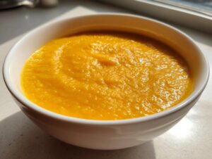 Close-up of a white bowl filled with rich, vibrant orange cheese soup, served indoors.