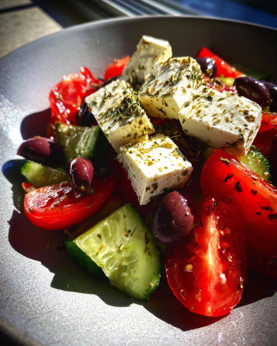 Close-up of a vibrant greek salad featuring large cubes of feta cheese, bright red tomatoes, and green cucumber chunks.