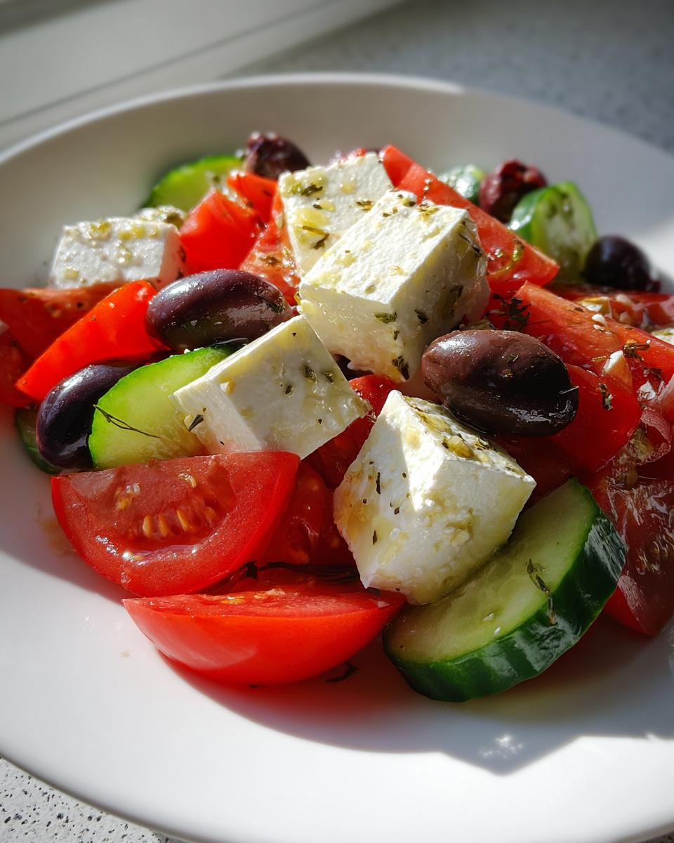 A close-up of a vibrant greek salad featuring large cubes of feta cheese, sliced tomatoes, cucumbers, and Kalamata olives.
