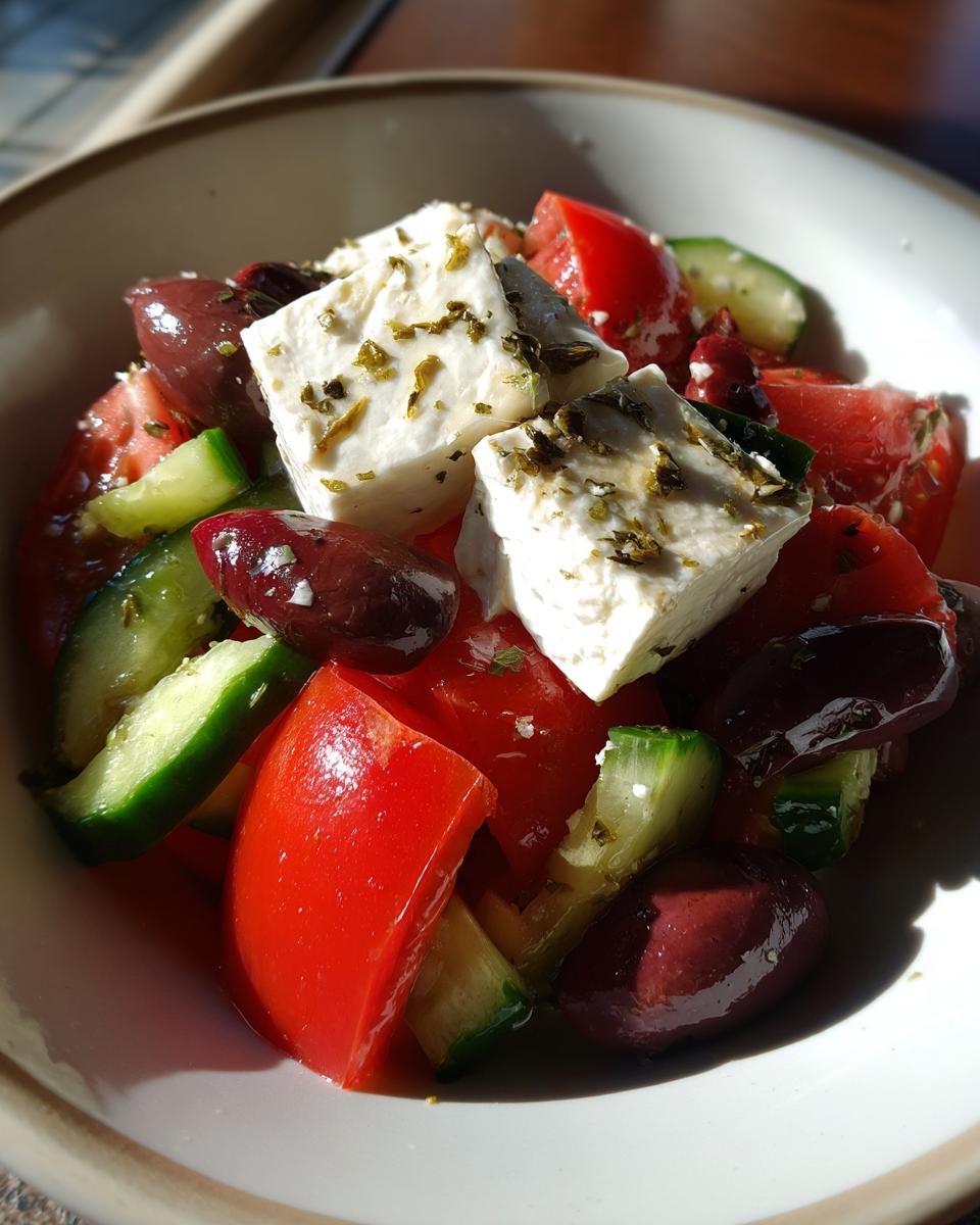 Close-up of a vibrant greek salad featuring large chunks of feta cheese, red tomatoes, green cucumbers, and dark Kalamata olives.