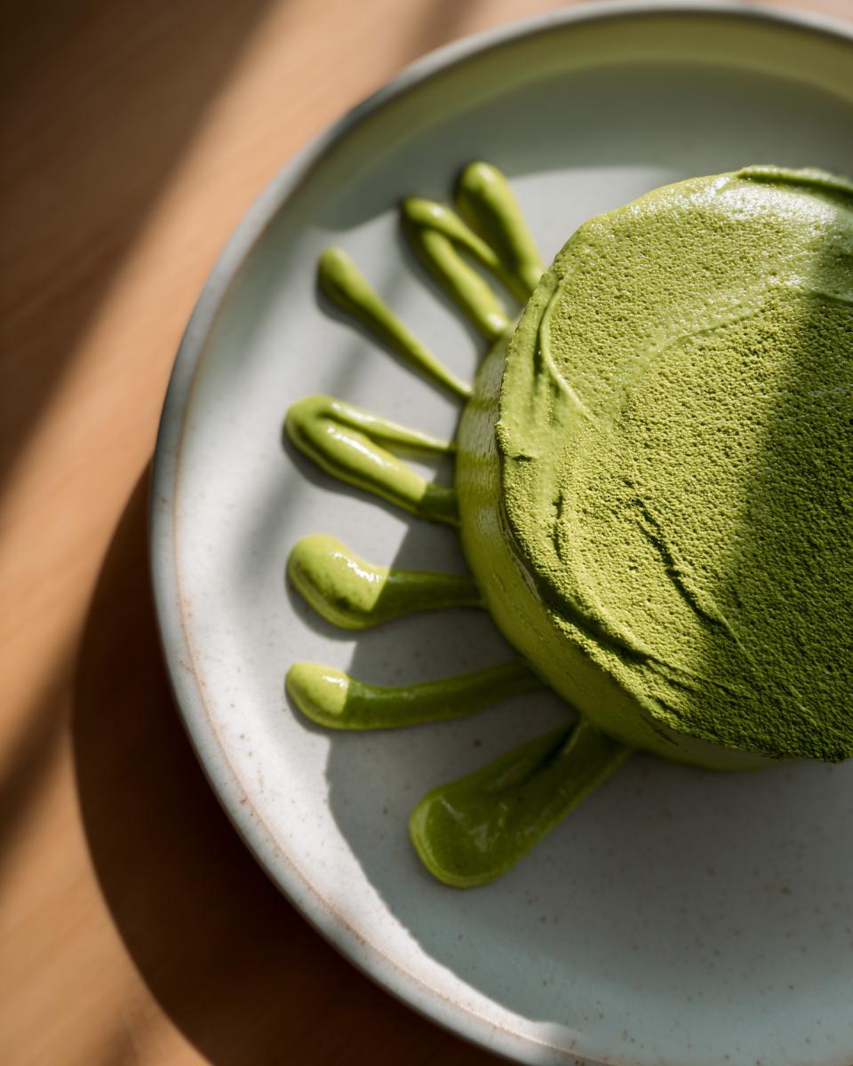 A bright green, circular food item dusted with powder, surrounded by streaks of creamy green avocado sauce on a light plate.