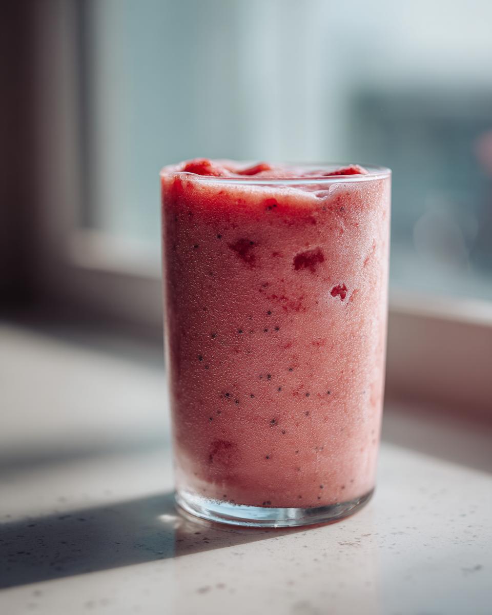 Close-up of a thick, icy watermelon smoothie with visible seeds in a clear glass.
