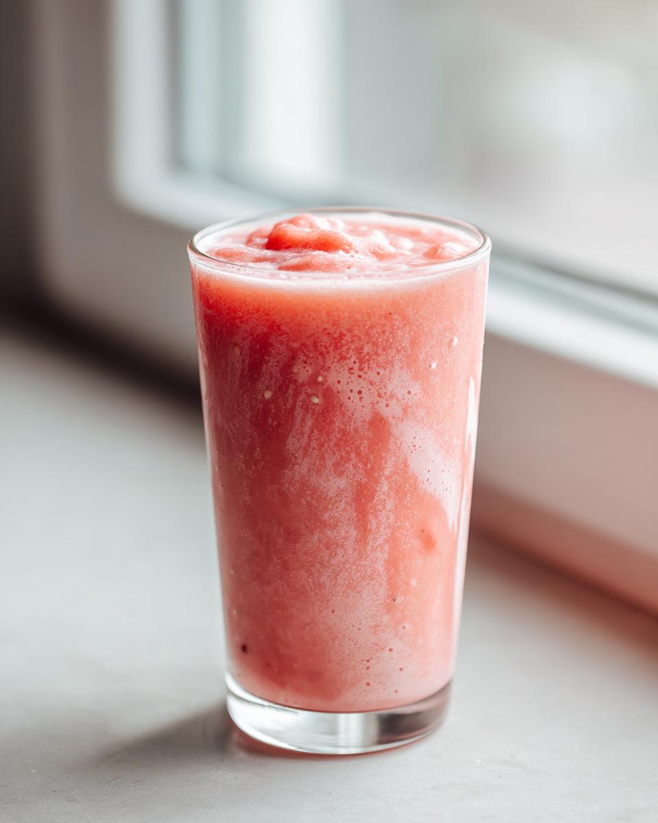 A tall glass filled with a thick, frosty pink watermelon smoothie, set against a bright window background.