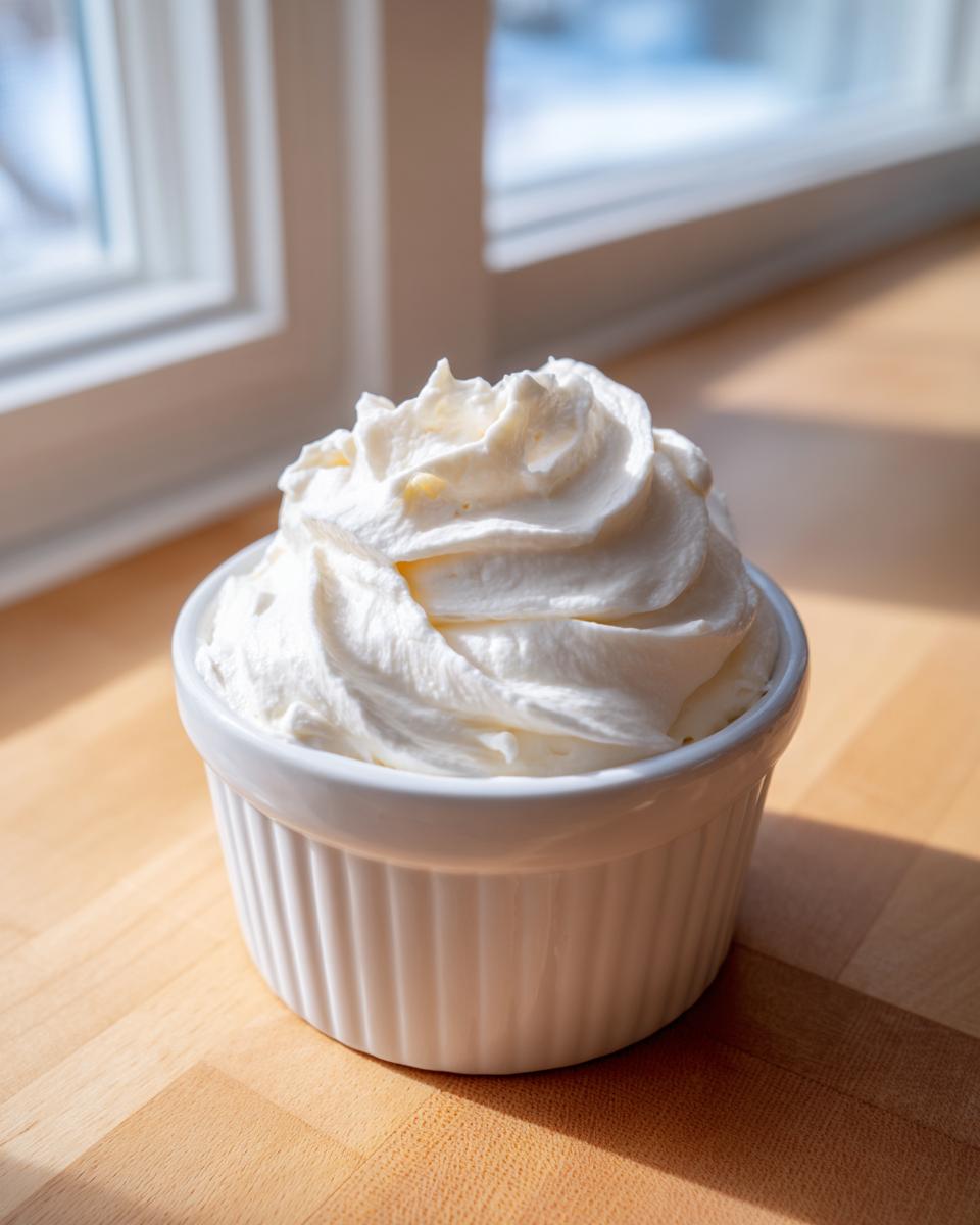 A white ramekin filled with fluffy whipped cream, likely a component of the horseradish sauce.