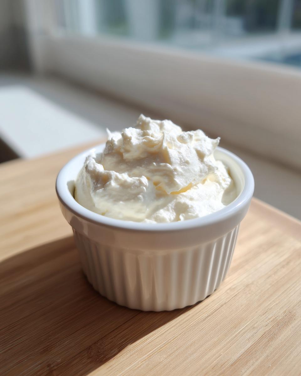 A small white ramekin filled with fluffy, white homemade horseradish sauce, sitting on a wooden surface.