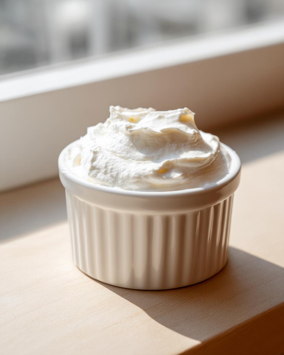 A small white ramekin filled with fluffy, whipped horseradish sauce, sitting on a light wooden surface near a window.