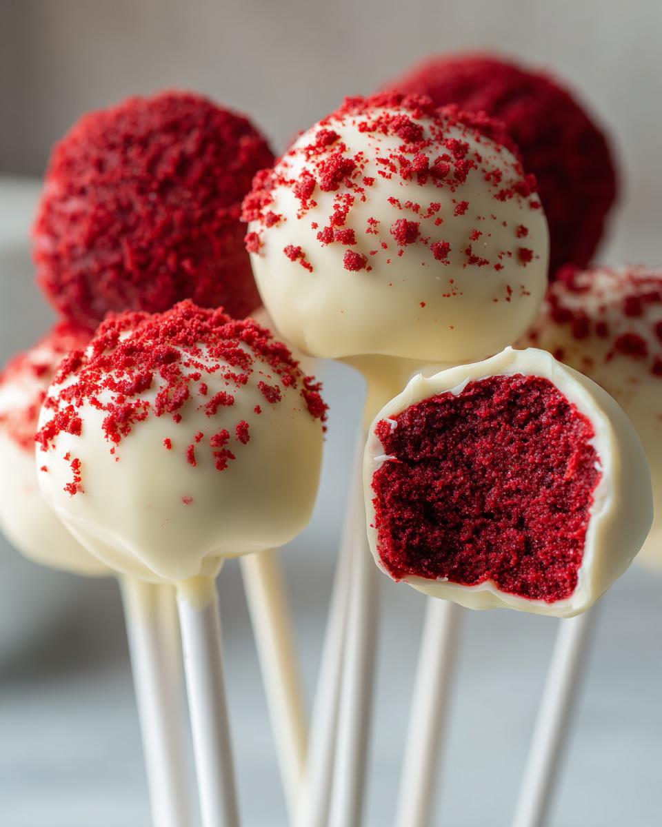 Close-up of white chocolate covered red velvet cake pops, one bitten to show the vibrant red interior and red crumb topping.