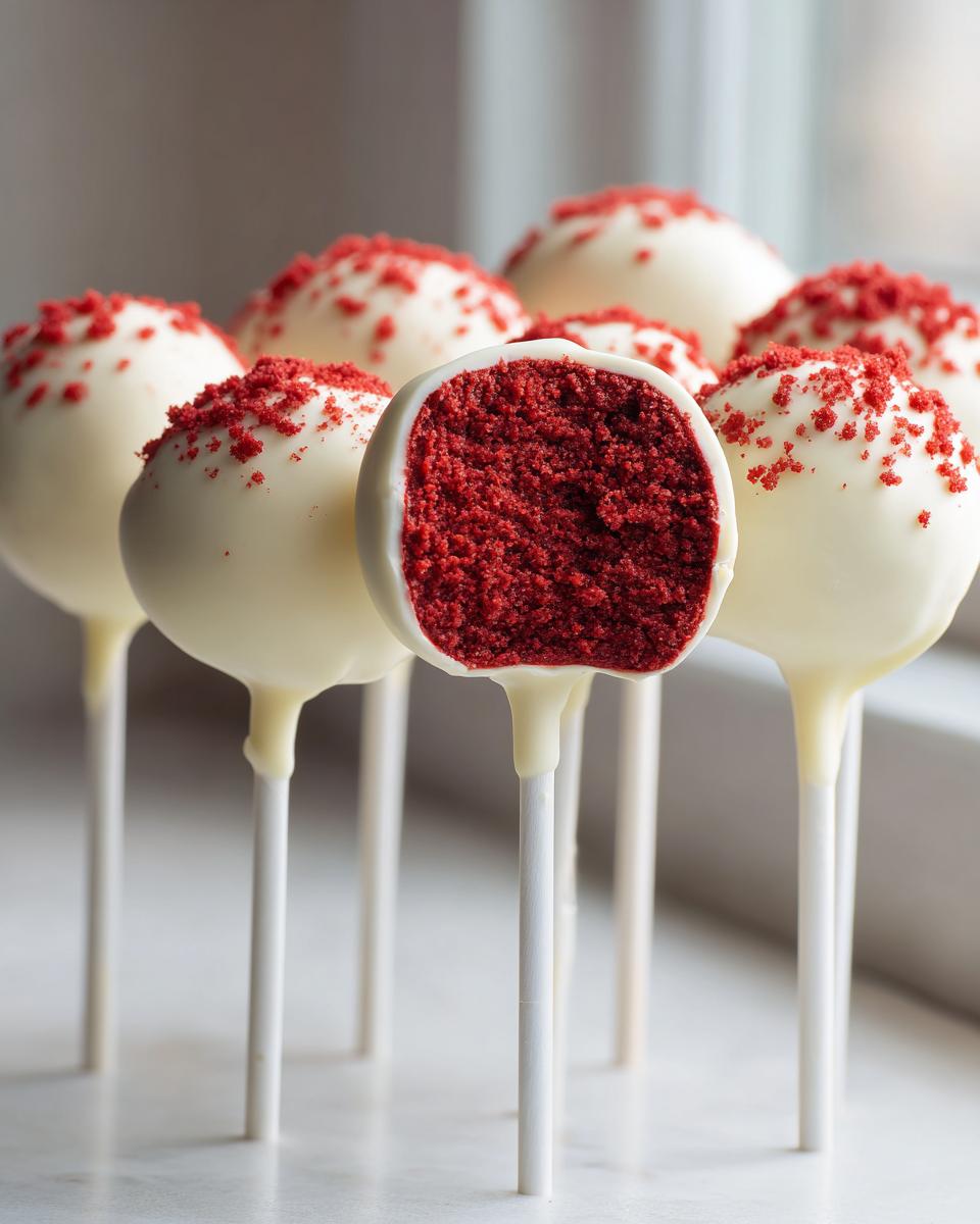 A close-up of several red velvet cake pops dipped in white chocolate, with one cut open showing the vibrant red interior.