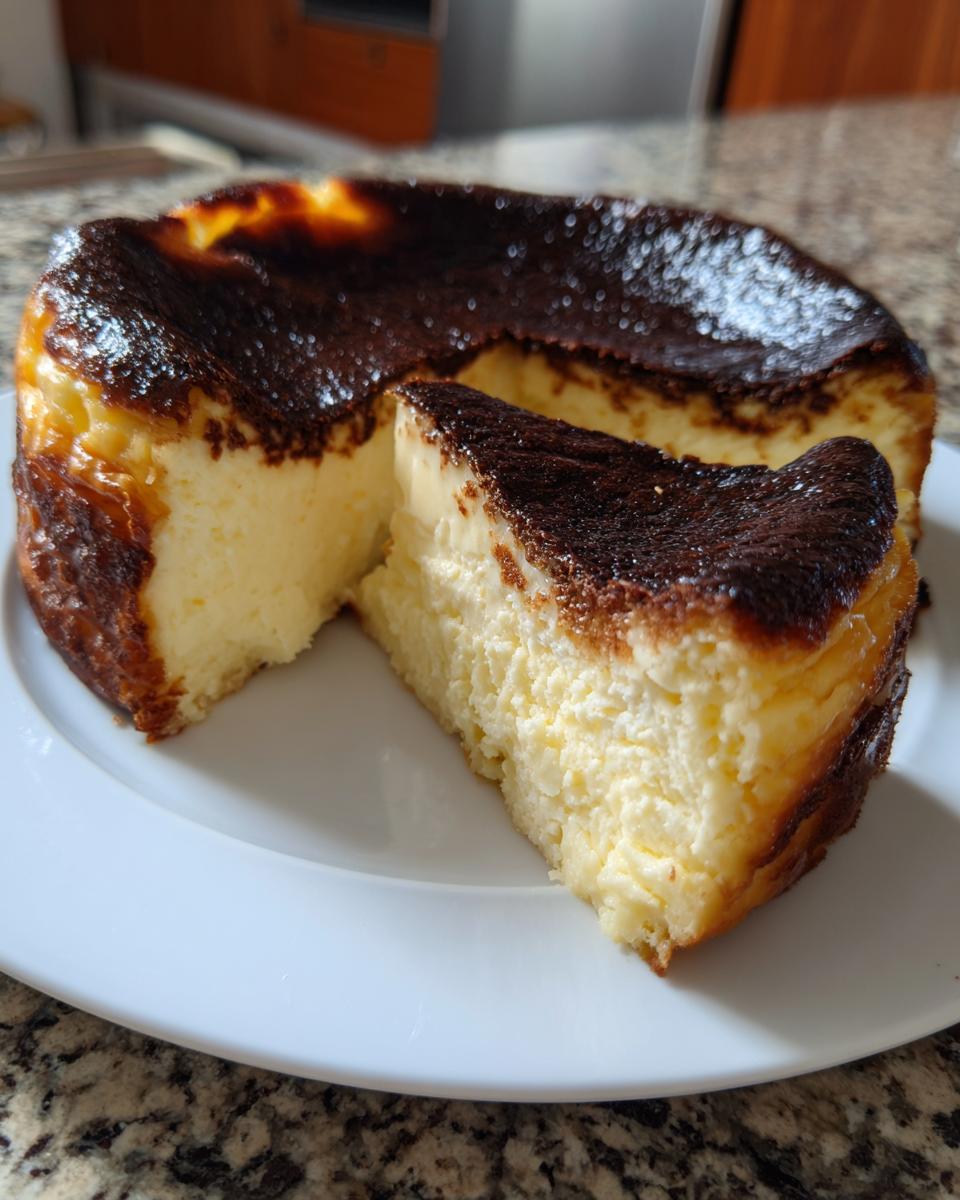 A slice of creamy, burnt-top basque cheesecake sitting next to the rest of the cake on a white plate.