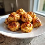 A pile of freshly baked, golden brown sausage balls stacked high on a white plate near a window.