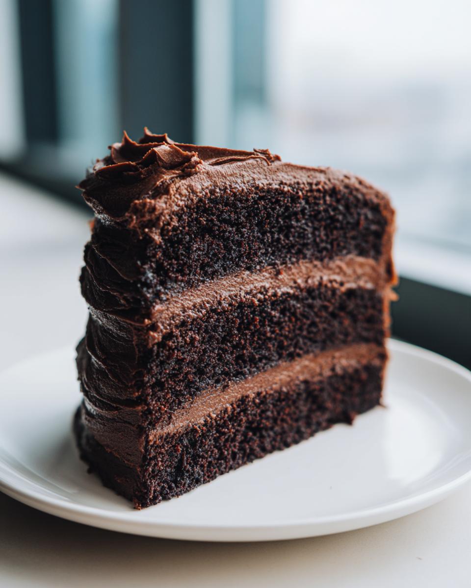 A tall slice of rich, dark chocolate cake with thick chocolate frosting layers, served on a white plate.
