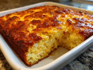 A freshly baked, golden brown corn pudding in a white baking dish with one serving removed.
