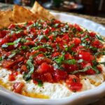 Close-up of a creamy white cheese base topped with diced tomatoes and fresh basil for the bruschetta dip.