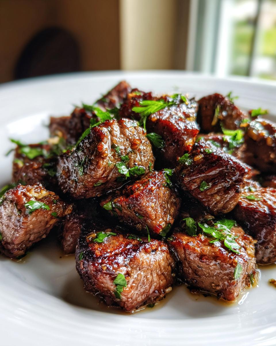 A pile of juicy, seared steak bites coated in a glossy sauce and garnished with fresh parsley.