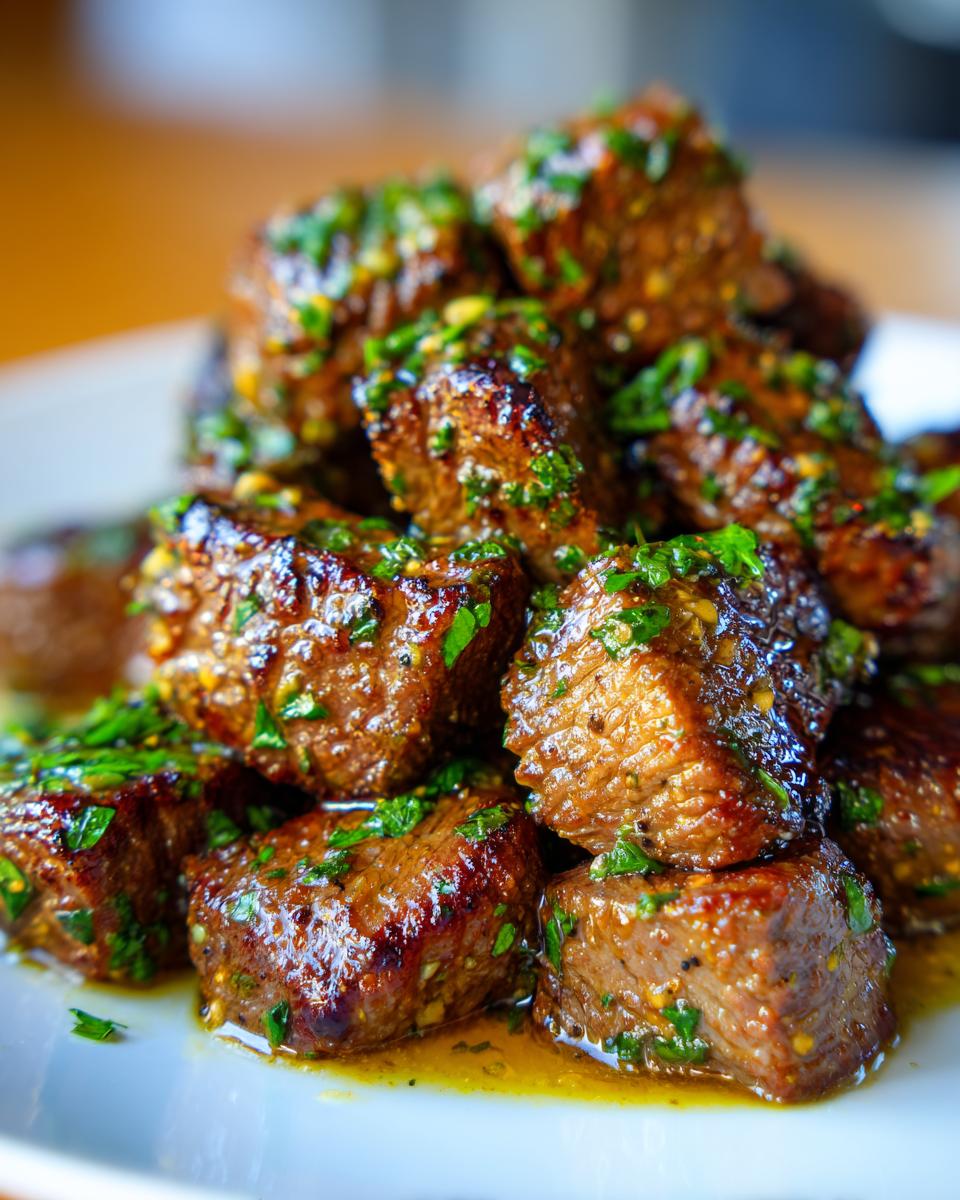 Close-up of juicy, pan-seared steak bites coated in garlic butter sauce and fresh parsley.