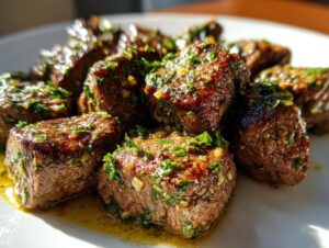 Close-up of perfectly seared steak bites coated in a glistening garlic and herb butter sauce.