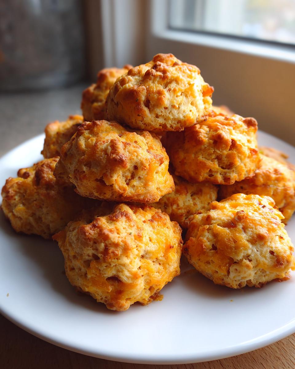 A stack of freshly baked, golden brown sausage balls piled high on a white plate near a window.