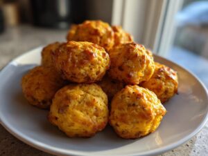 A pile of golden brown, baked sausage balls stacked high on a light gray plate, catching the natural light.