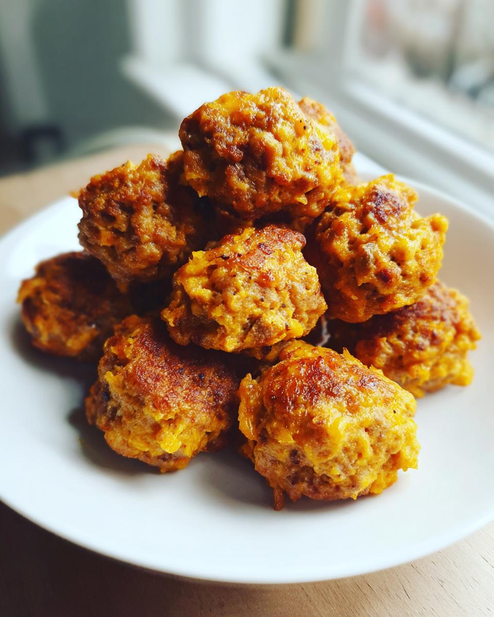 A pile of freshly baked, golden brown sausage balls stacked high on a white plate.