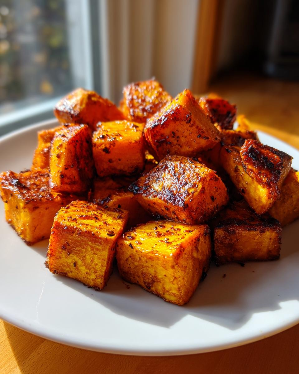 Close-up of perfectly caramelized roasted sweet potatoes cubes piled on a white plate, showing crispy edges.