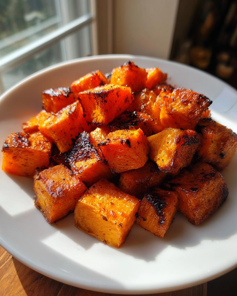 Close-up of caramelized, perfectly roasted sweet potatoes cubes piled on a white plate.