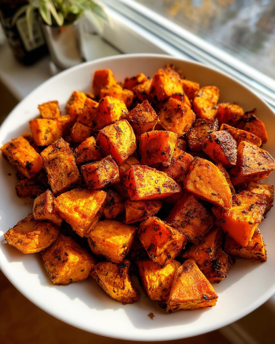 A close-up of seasoned, caramelized roasted sweet potatoes piled high in a white bowl.
