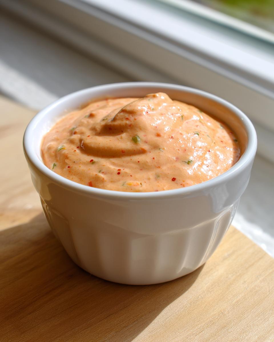 A close-up of creamy, orange-hued burger sauce speckled with red and green bits, served in a white ramekin.