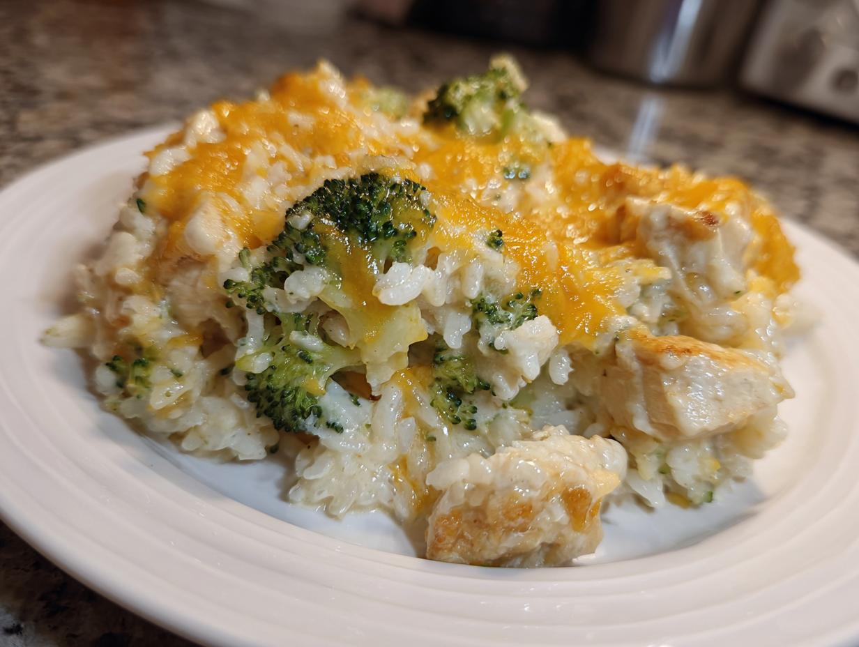 A close-up serving of creamy chicken and broccoli rice casserole topped with melted cheddar cheese.
