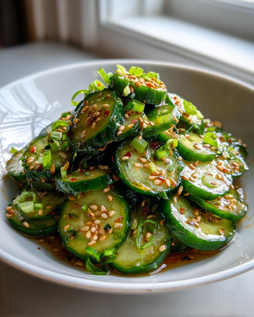 Close-up of a bowl filled with vibrant Asian cucumber salad, topped with sesame seeds and green onions.