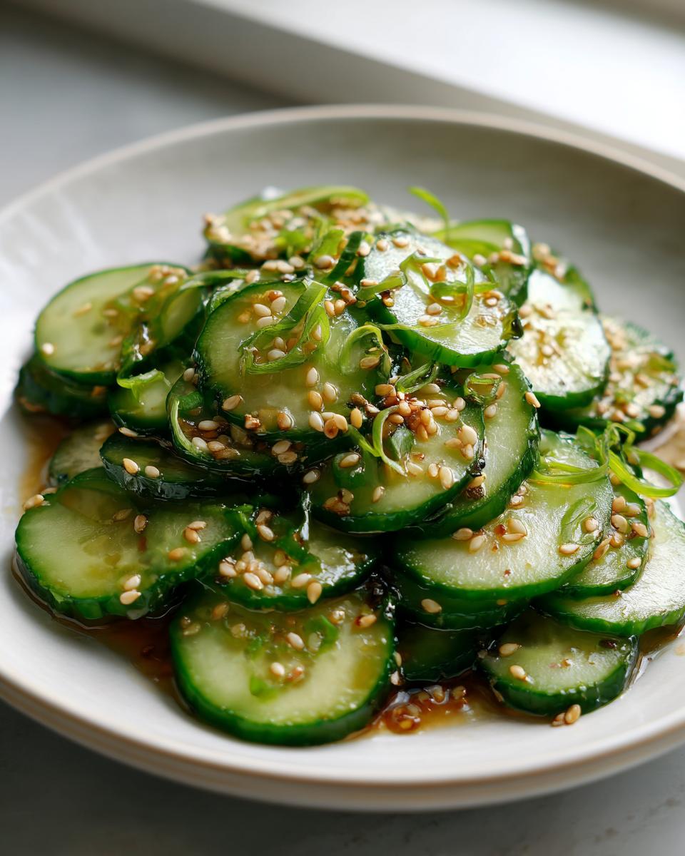 Close-up of thinly sliced cucumbers marinated in a savory dressing, topped with sesame seeds for an amazing asian cucumber salad.