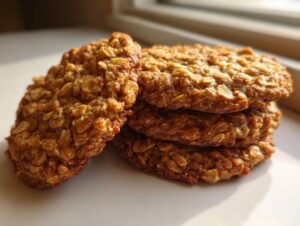 A small stack of golden brown banana oatmeal cookies featuring visible rolled oats, set against a bright, softly lit background.