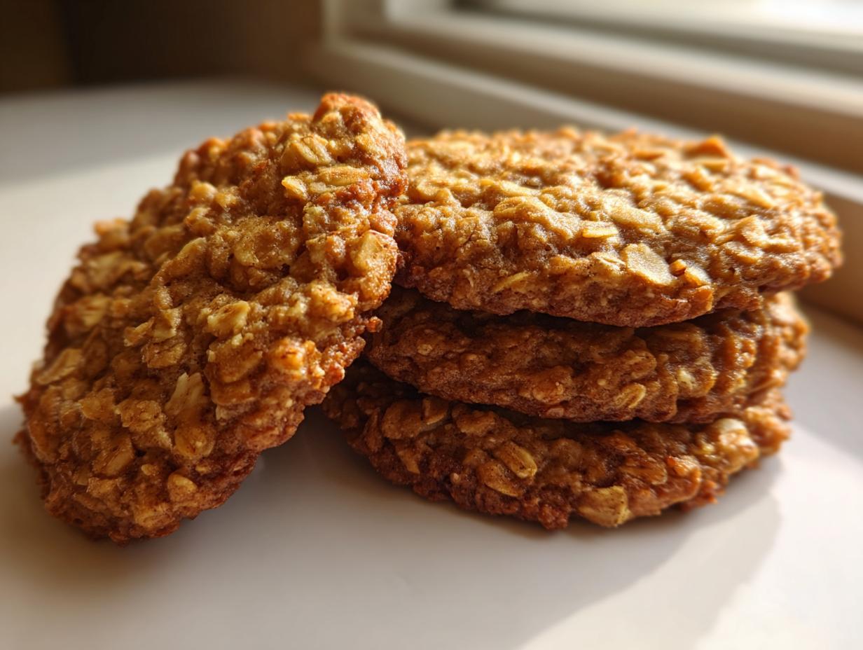 A small stack of golden brown banana oatmeal cookies featuring visible rolled oats, set against a bright, softly lit background.