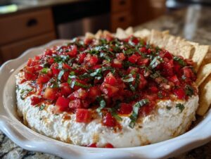 A round, creamy white bruschetta dip topped with diced tomatoes and fresh basil, served with tortilla chips.