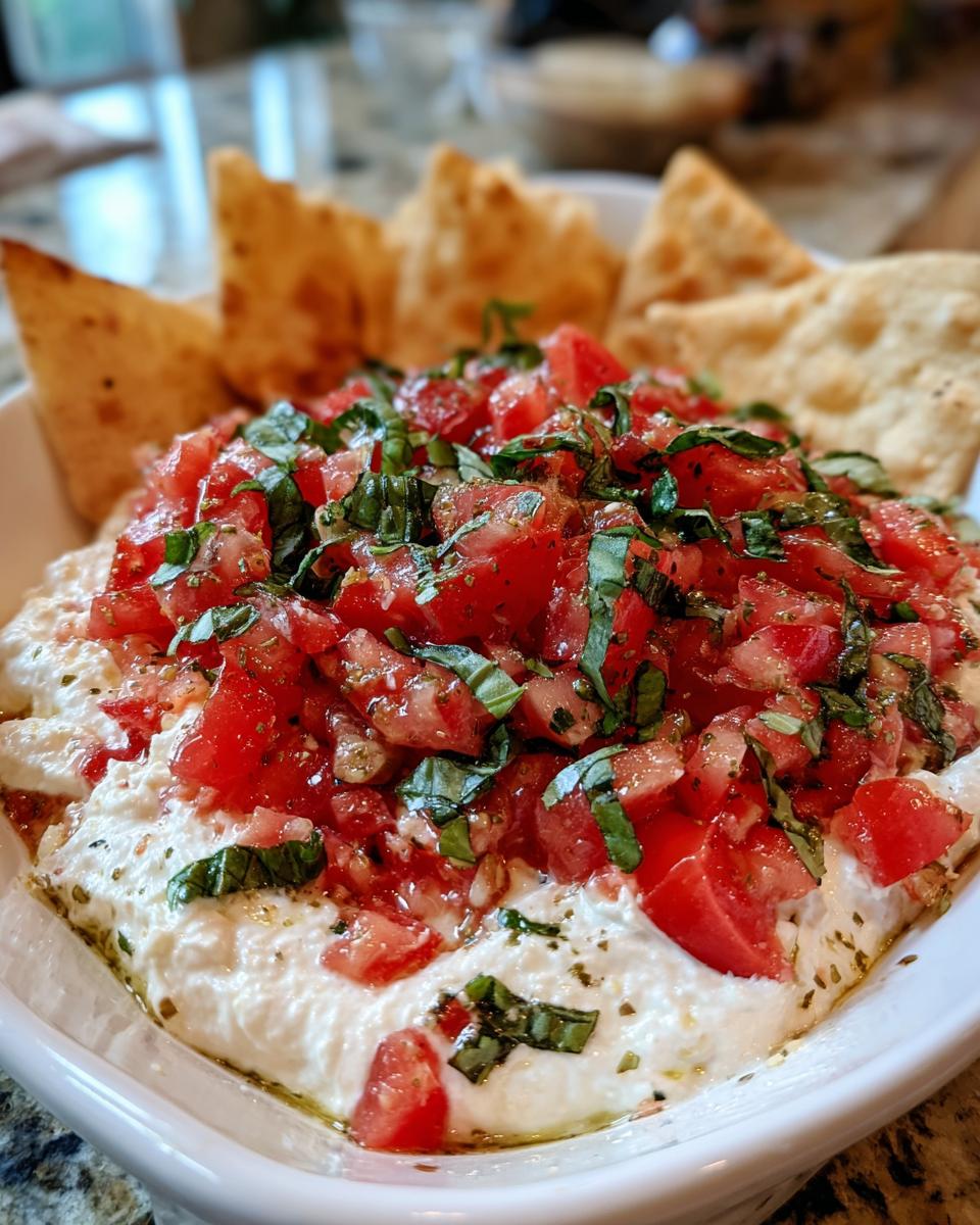 Close-up of creamy bruschetta dip topped with diced tomatoes and basil, served with pita chips.