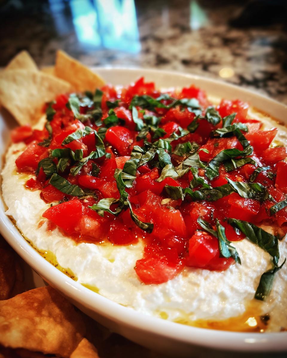 Close-up of a white bowl filled with creamy bruschetta dip topped with diced tomatoes and fresh basil.