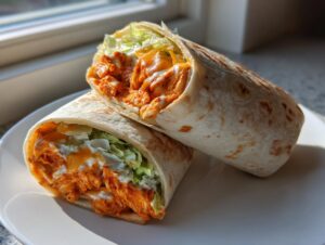 Two halves of a buffalo chicken wraps stacked, showing shredded chicken tossed in orange sauce, lettuce, and ranch dressing.