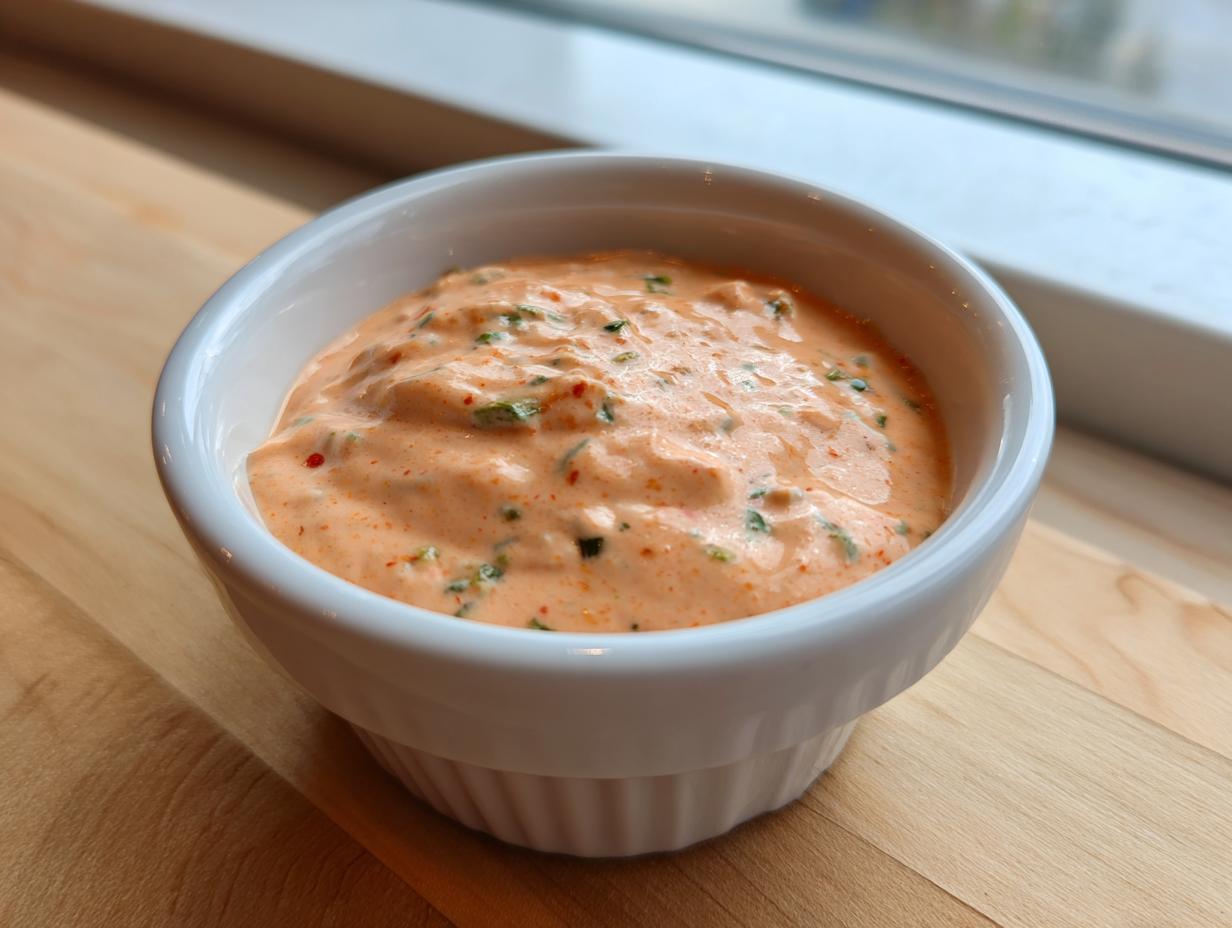 Close-up of creamy, orange-hued homemade burger sauce speckled with green herbs in a small white ramekin.