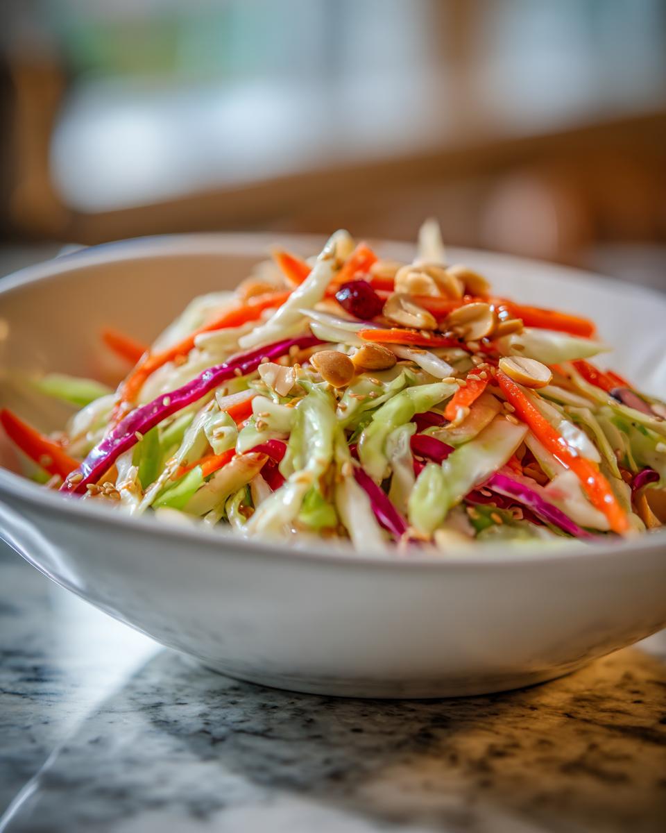 Close-up of a vibrant cabbage salad with shredded carrots, red cabbage, peanuts, and sesame seeds.