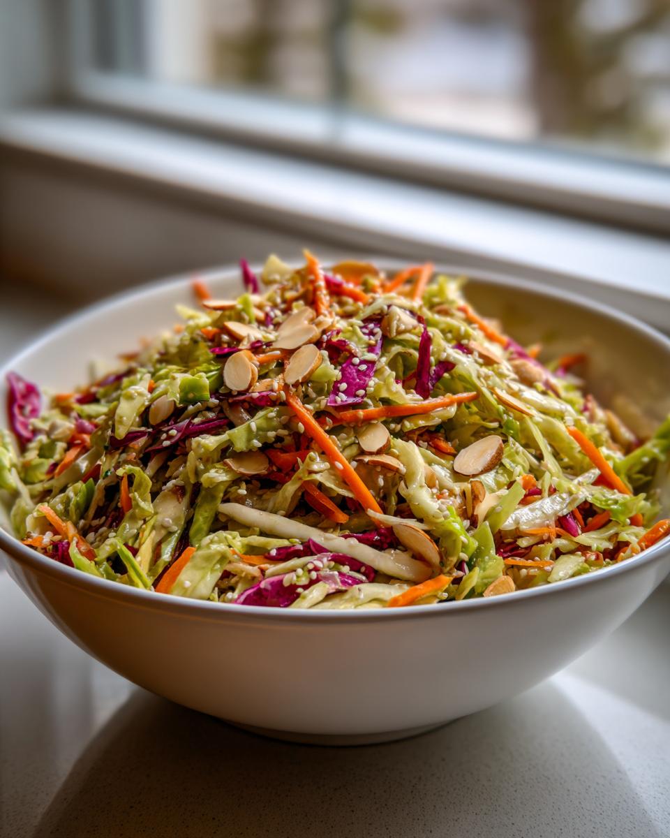 A close-up of a vibrant cabbage salad featuring shredded green and purple cabbage, carrots, almonds, and sesame seeds.