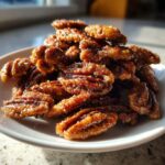 A pile of glossy, sugary candied pecans glistening under sunlight on a small white plate.